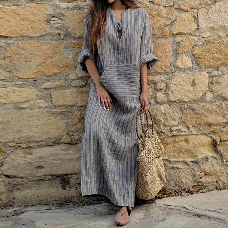 Striped Cotton Linen Maxi Dress V-Neck Pockets