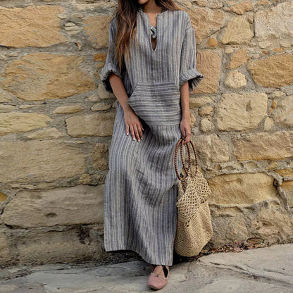Striped Cotton Linen Maxi Dress V-Neck Pockets