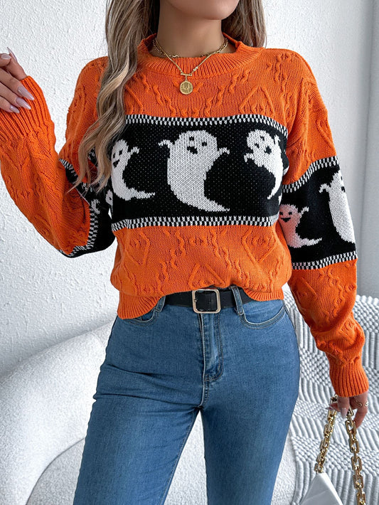 Ghost Print Colorblock Sweater - Halloween Fall Pullover