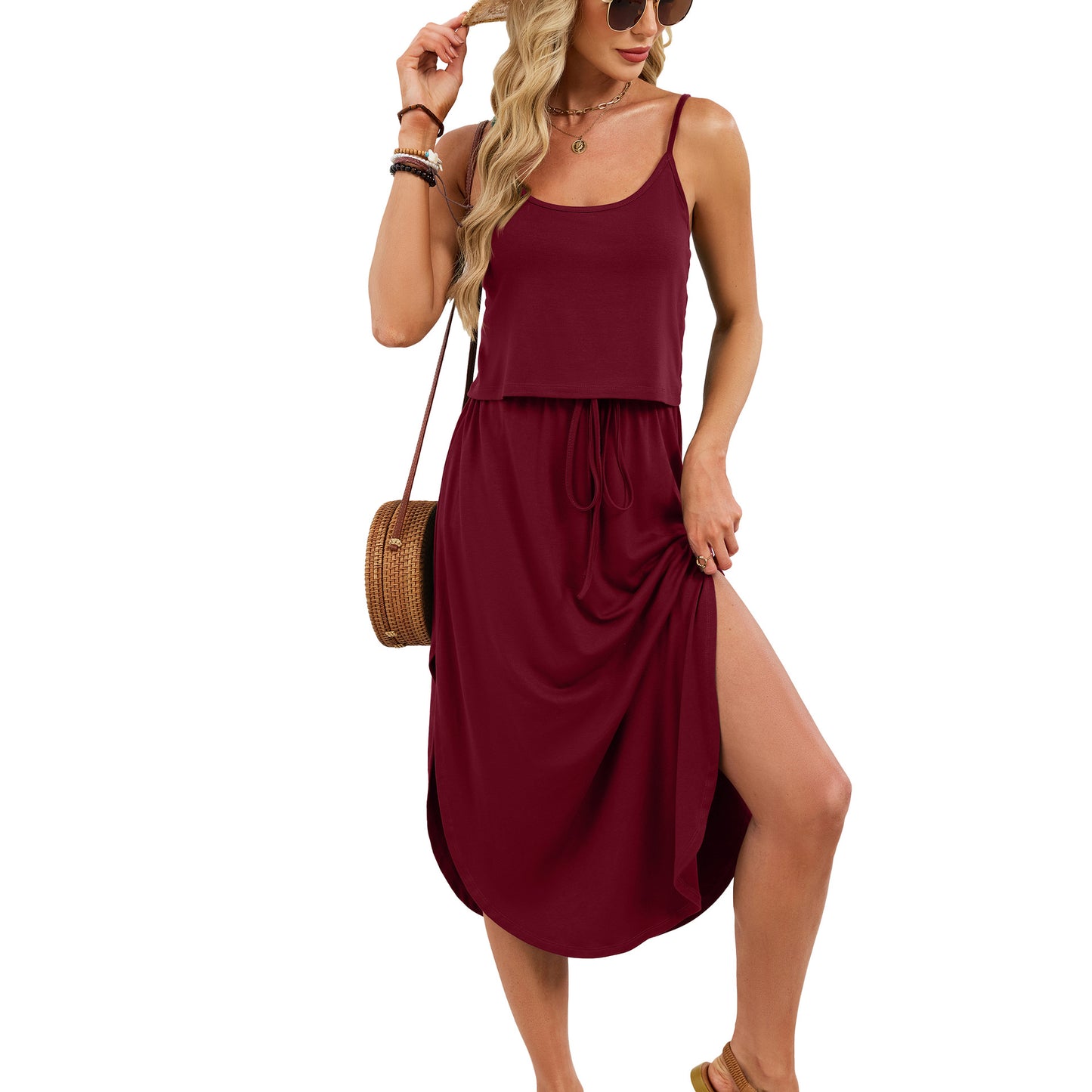 Spaghetti Strap Drawstring Split Maxi Dress Casual Summer