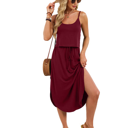 Spaghetti Strap Drawstring Split Maxi Dress Casual Summer