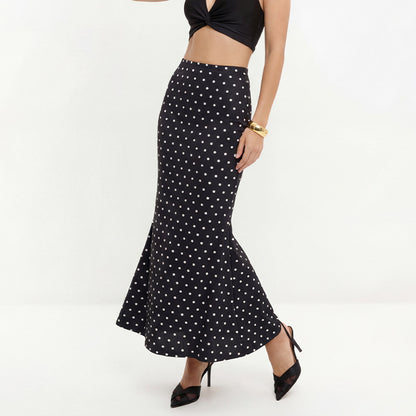 Polka Dot High Waist Flounce Hem Midi Skirt
