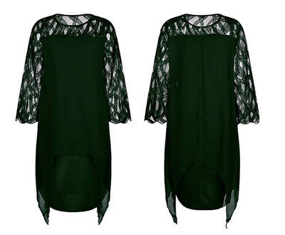 Plus Size Lace Chiffon Midi Dress Asymmetrical 3/4 Sleeve