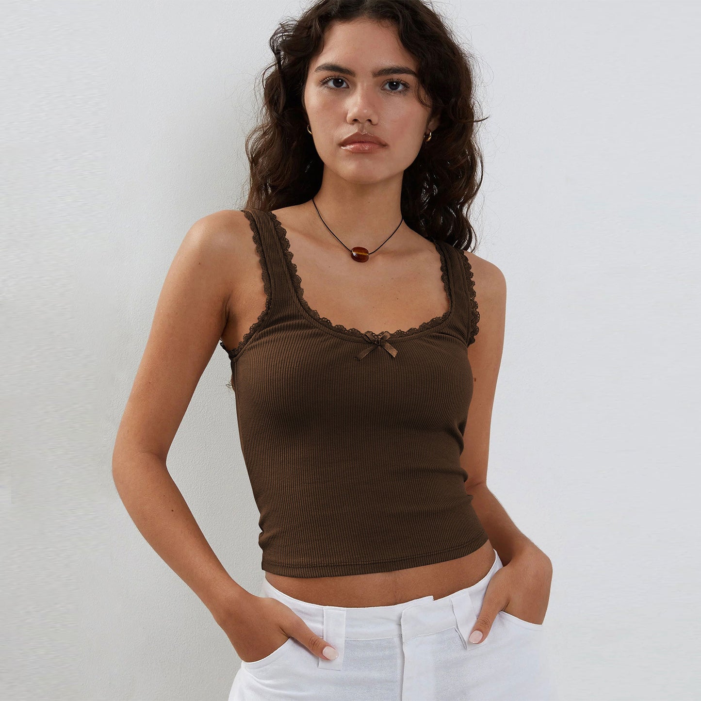 Ribbed Lace Trim Cami Top Slim Fit Cropped Tank