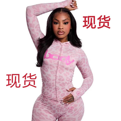 Women's Y2K Leopard Print Hoodie Leggings Two Piece Set