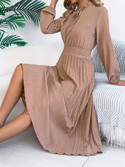 Pleated Chiffon Maxi Dress Elegant Tie Neck Long Sleeve