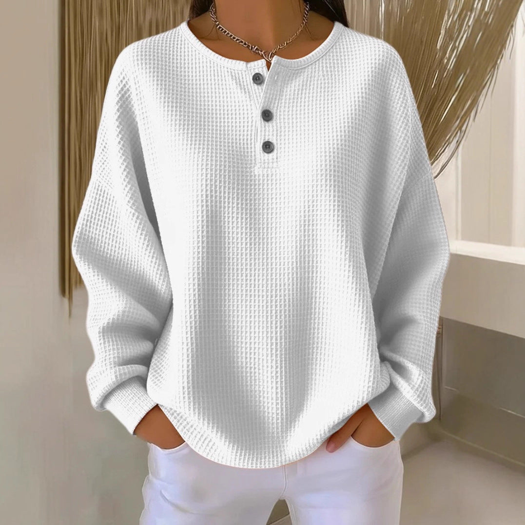 Women's Oversized Waffle Knit Henley Long Sleeve Top
