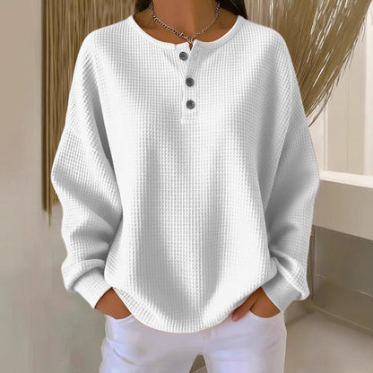 Women's Oversized Waffle Knit Henley Long Sleeve Top