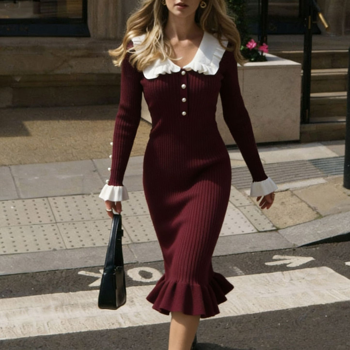Ruffle Collar Sweater Dress Bodycon Midi Long Sleeve