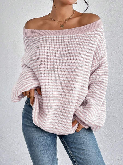 Women's Off Shoulder Striped Balloon Sleeve Sweater
