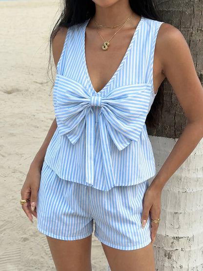 Striped Bow Detail Two Piece Shorts Set Resort Style