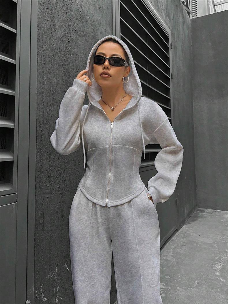 Fitted Zip Hoodie Wide Leg Sweatpants Two Piece Set