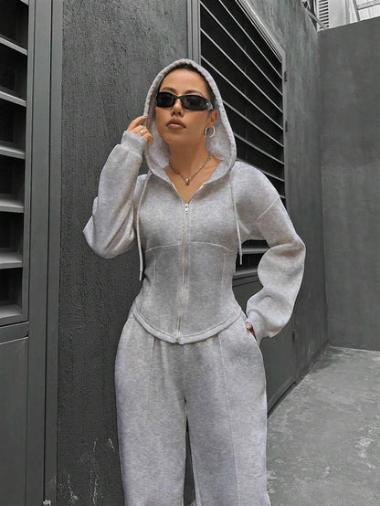 Fitted Zip Hoodie Wide Leg Sweatpants Two Piece Set