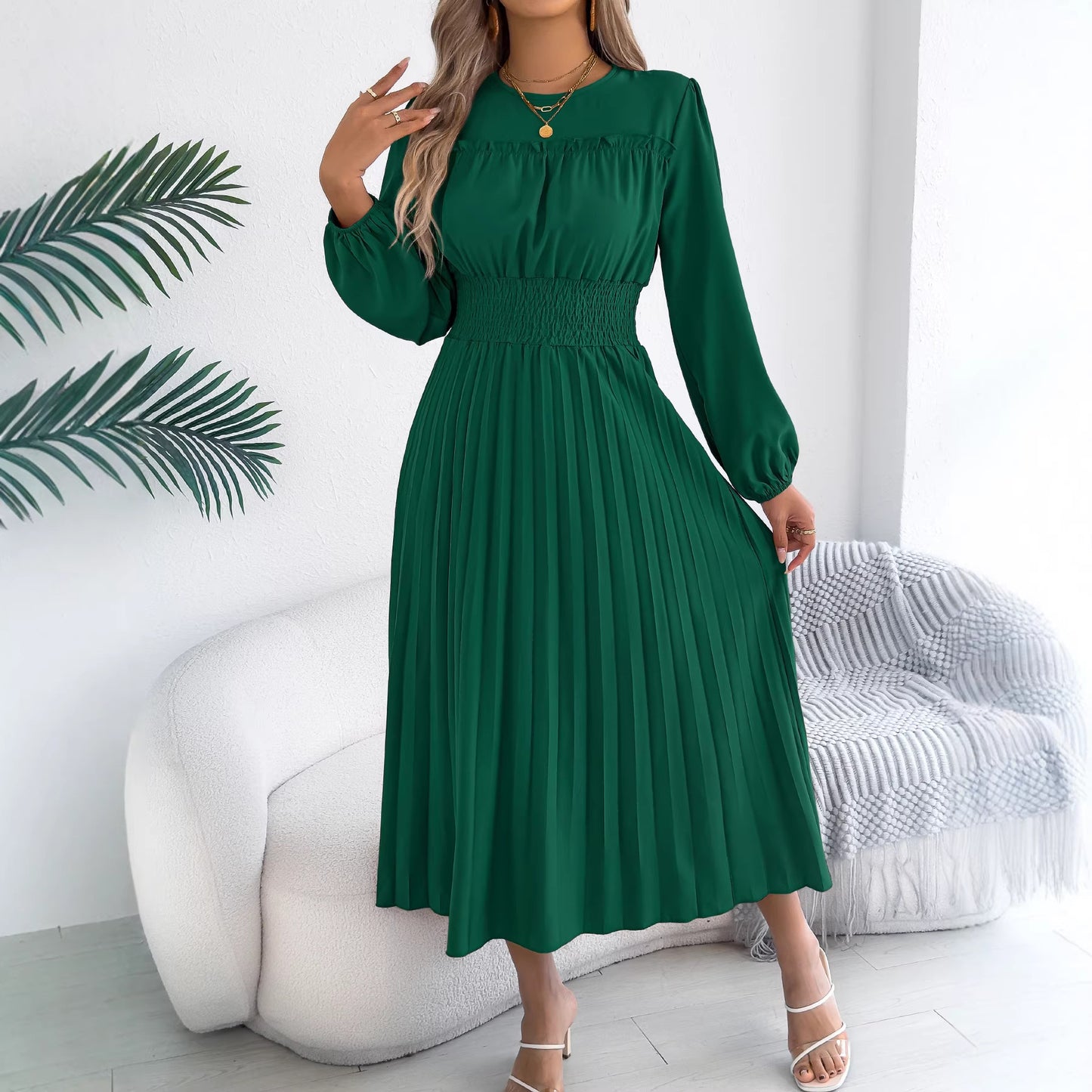 Pleated Maxi Dress Smocked Waist Long Sleeve Midi Dress