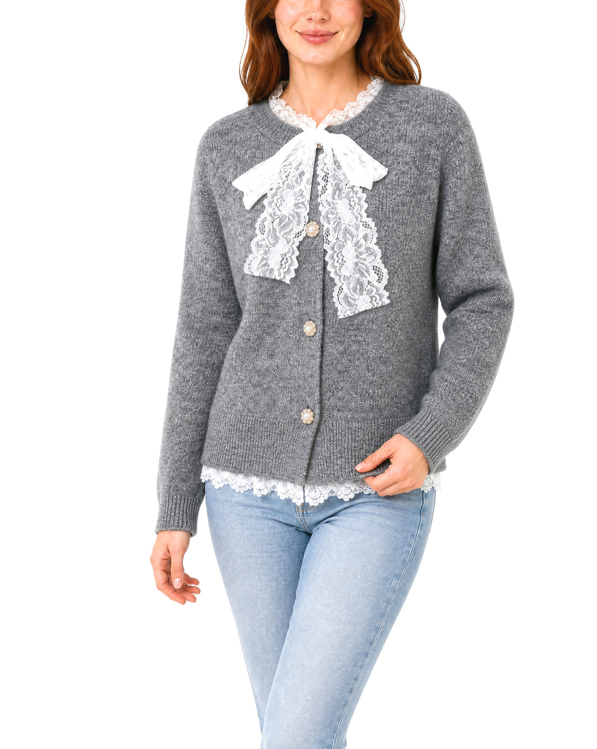 Women's Lace Bow Pearl Button Cropped Knit Cardigan