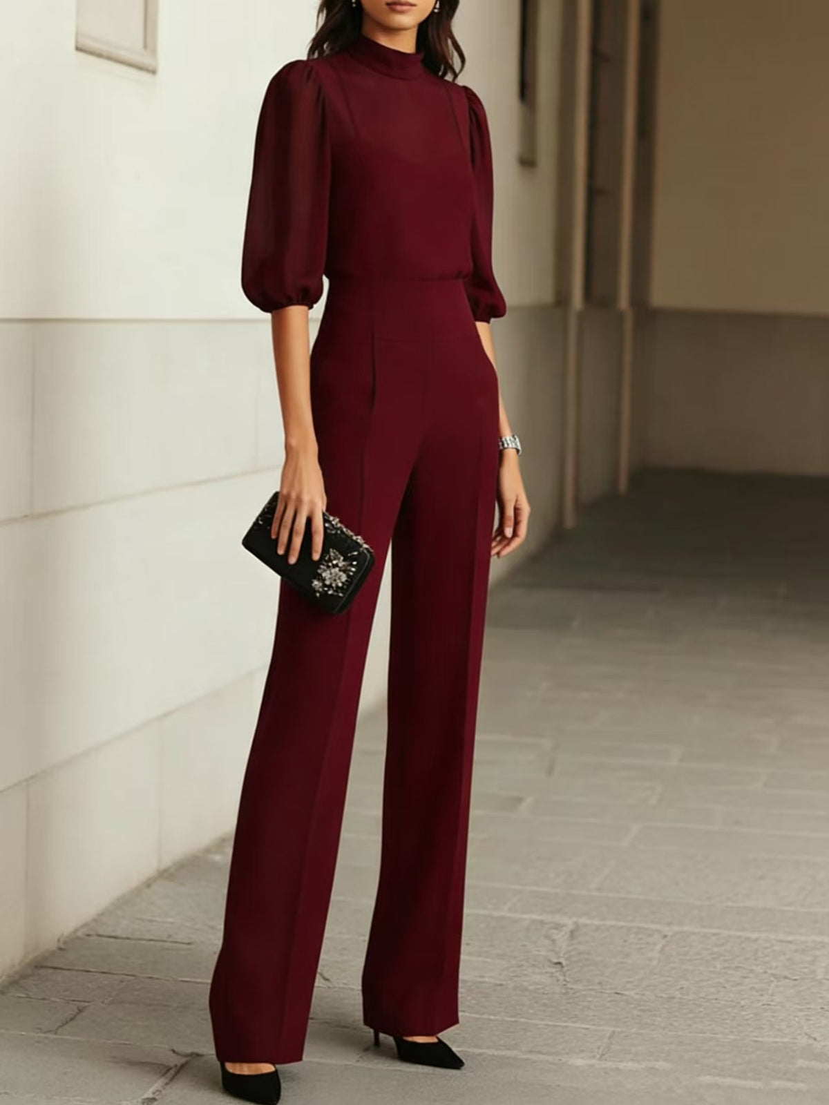 Women Elegant Sheer Top Wide Leg Pants 3 Piece Set