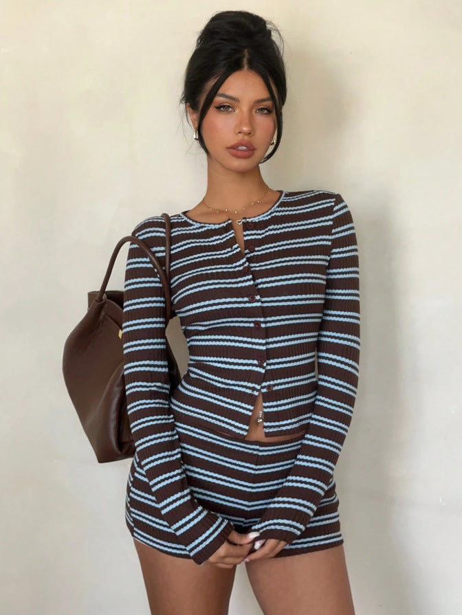 Brown Blue Stripe Knit Cardigan Set Slim Fit Long Sleeve Shorts