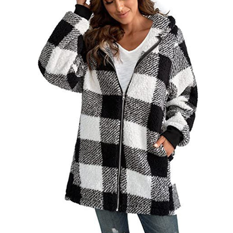 Womens Oversized Sherpa Plaid Hooded Zip Up Jacket