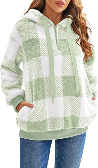Women's Plaid Sherpa Hoodie Oversized Fleece Pullover