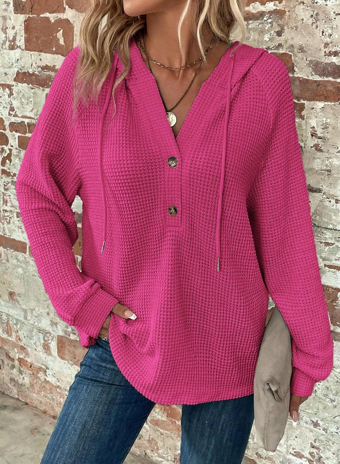 Women's Oversized Waffle Knit Hoodie V Neck Button Pullover
