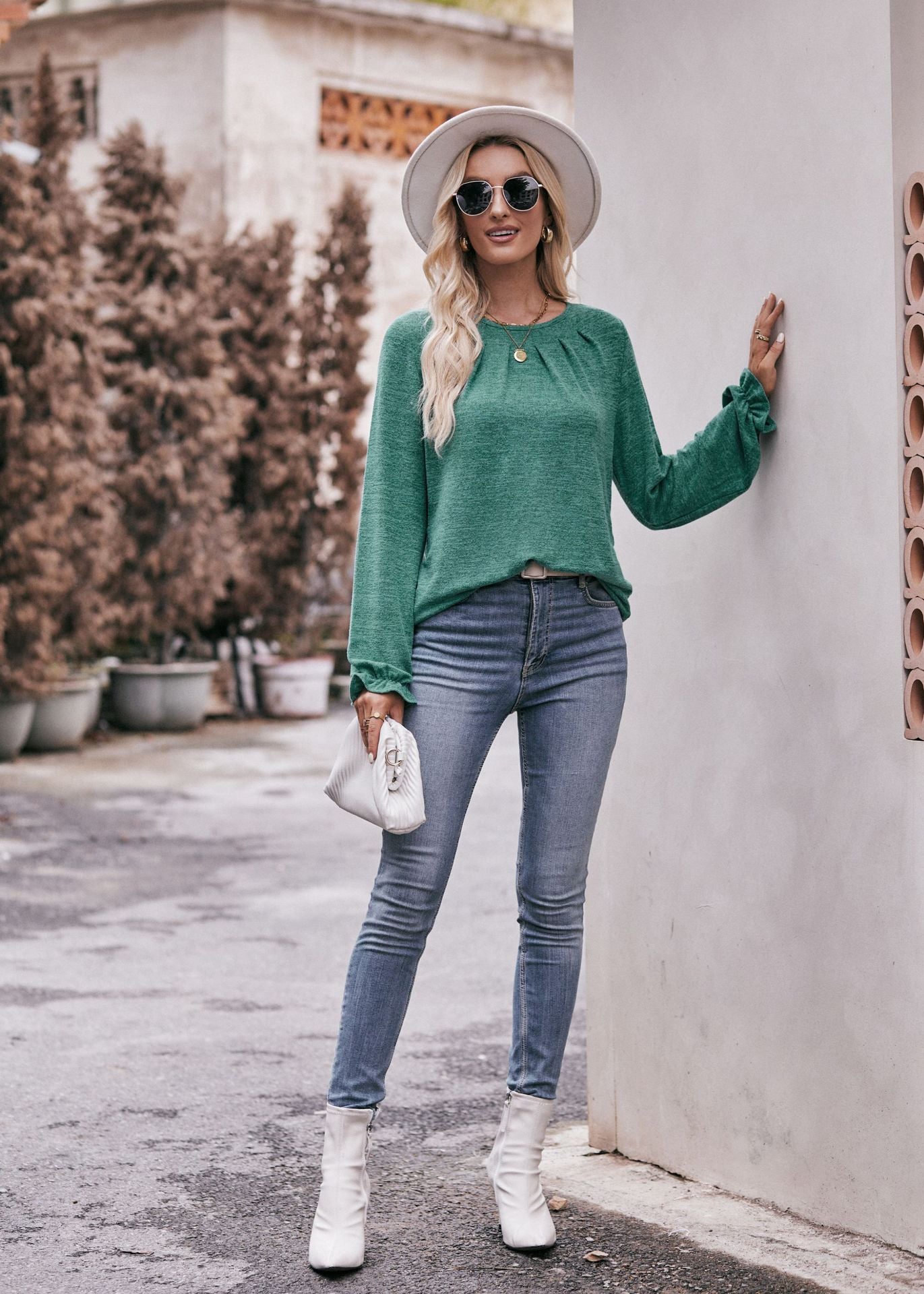 Round Neck Pleated Long Sleeve Brushed Knit Top