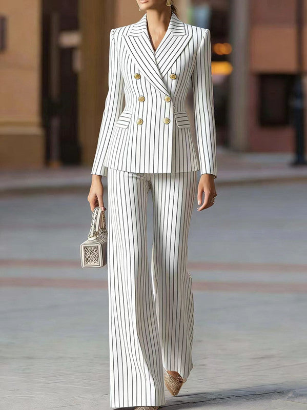 Women's Pinstripe Blazer Wide Leg Pant Suit Set