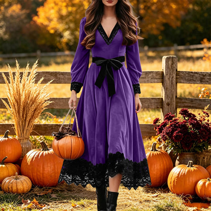 Velvet Maxi Dress V-Neck Lace Trim Puff Sleeve Flowy