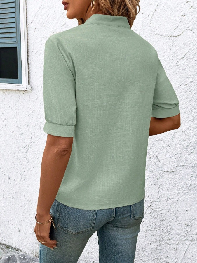 V Neck Embroidered Cotton Blouse Casual Summer Shirt