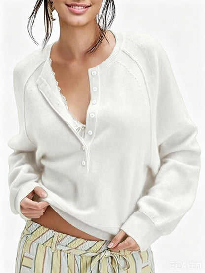 Women's Oversized Henley Sweater Button Front Knit Pullover