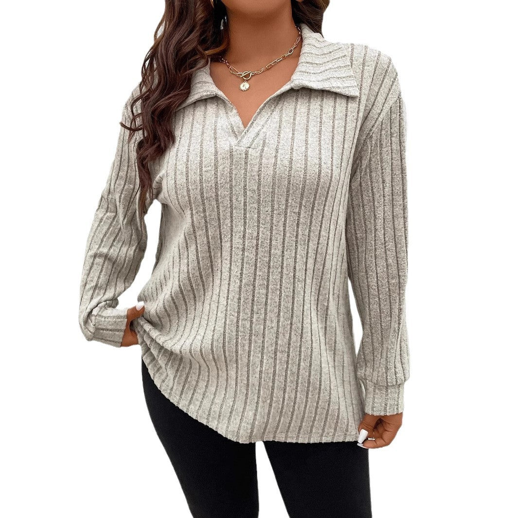 Plus Size Ribbed Long Sleeve Collared V-Neck Tunic Top