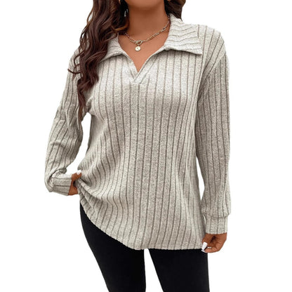 Plus Size Ribbed Long Sleeve Collared V-Neck Tunic Top