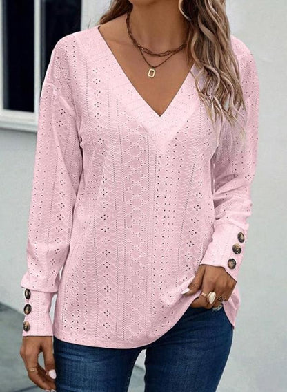 Eyelet V Neck Long Sleeve Loose Fit Casual Blouse