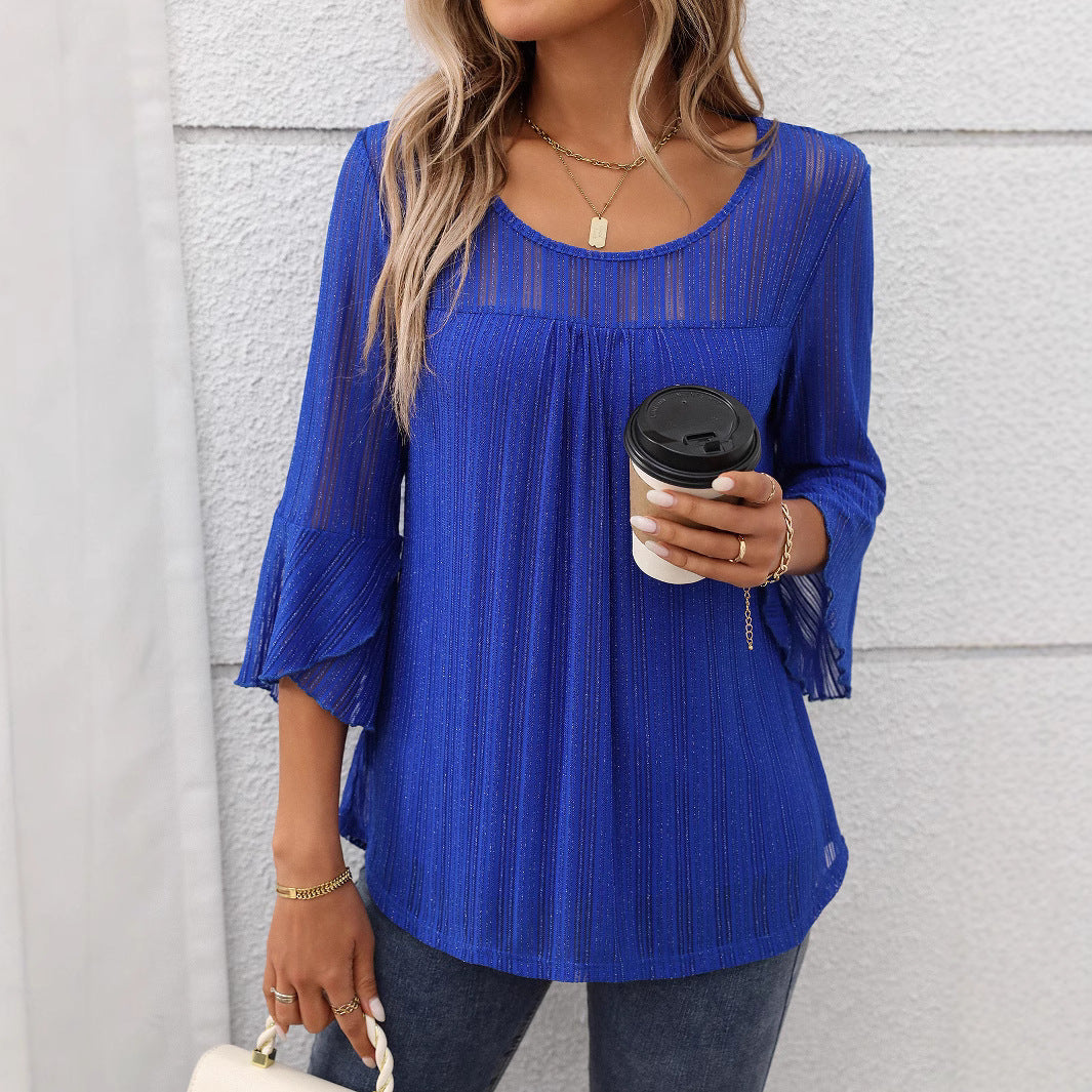 Elegant Round Neck Lotus Leaf Sleeve Mesh Top