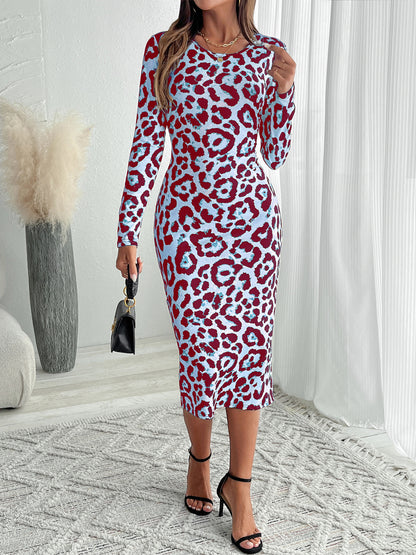 Leopard Print Long Sleeve Bodycon Slit Midi Dress