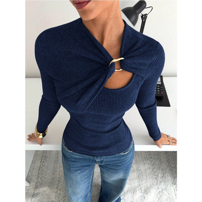 Ribbed Knit Metal Buckle Ruched Slim Fit Long Sleeve Top