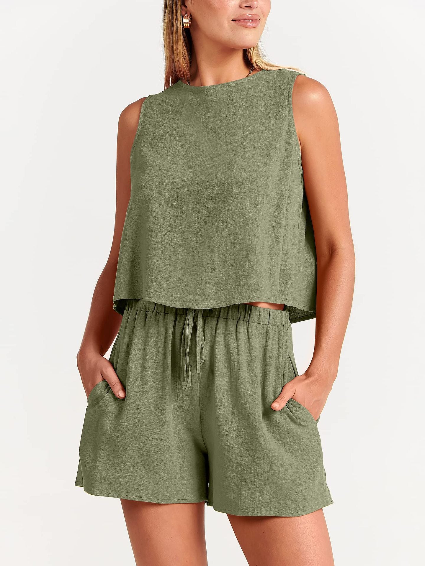 Sleeveless Top and Drawstring Shorts Two Piece Set