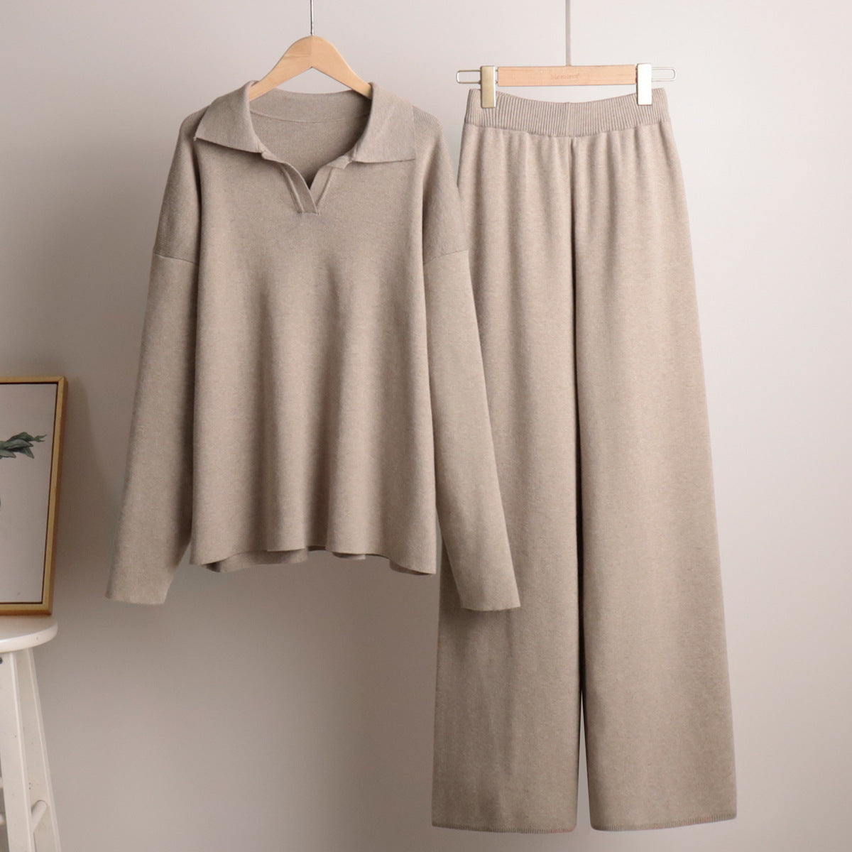 Women's Polo Knit Sweater Set with Wide Leg Pants