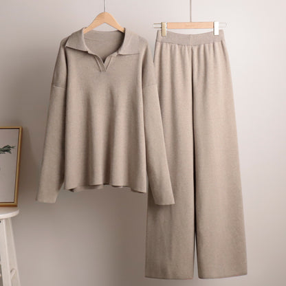 Women's Polo Knit Sweater Set with Wide Leg Pants