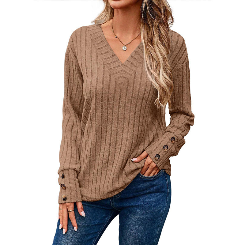 Women's V Neck Ribbed Long Sleeve Button Cuff Top
