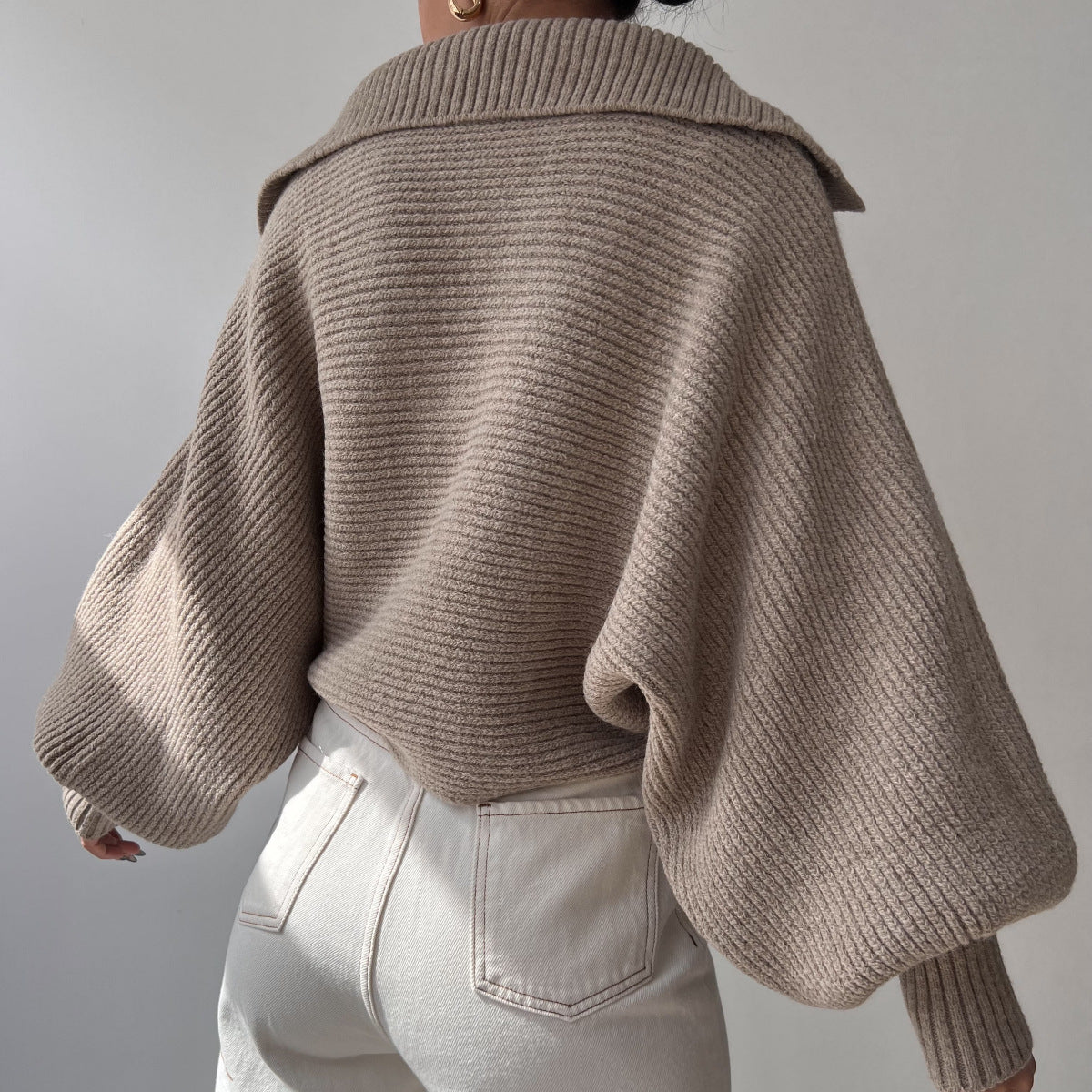 Womens Collared V Neck Ribbed Knit Sweater