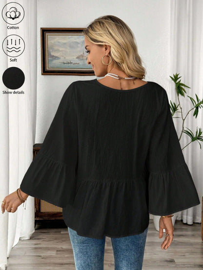 Cotton V-Neck Ruffle Sleeve Top Flowy Loose Blouse