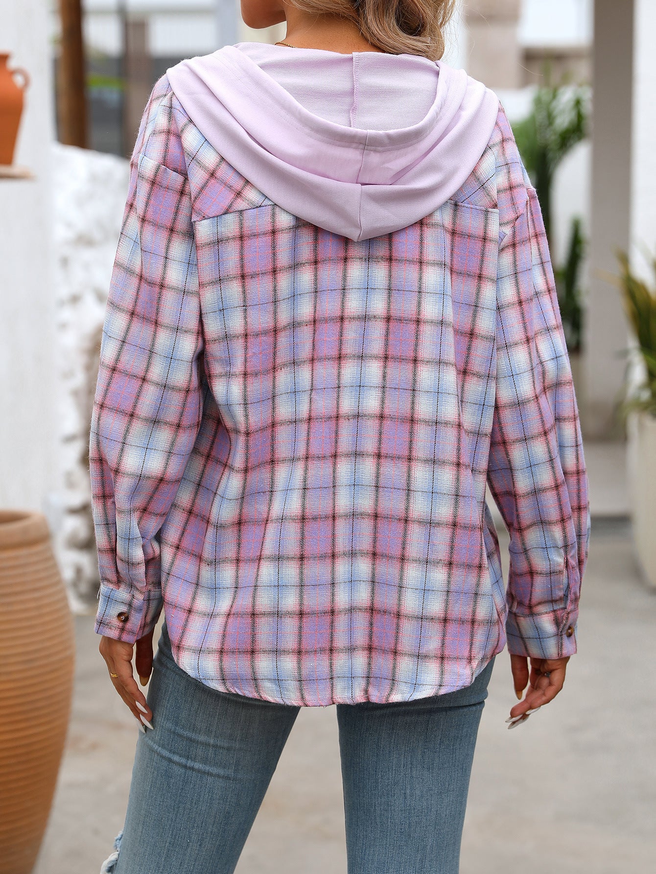 Plaid hooded button down shirt oversized fit