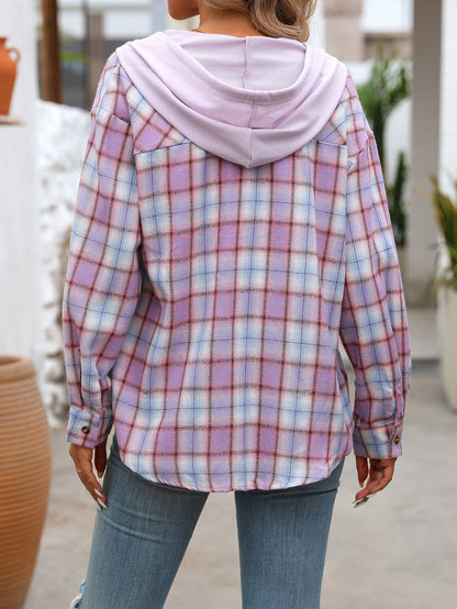 Plaid hooded button down shirt oversized fit