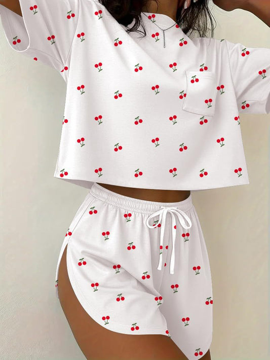 Cherry Print Lounge Set Tee and Drawstring Shorts