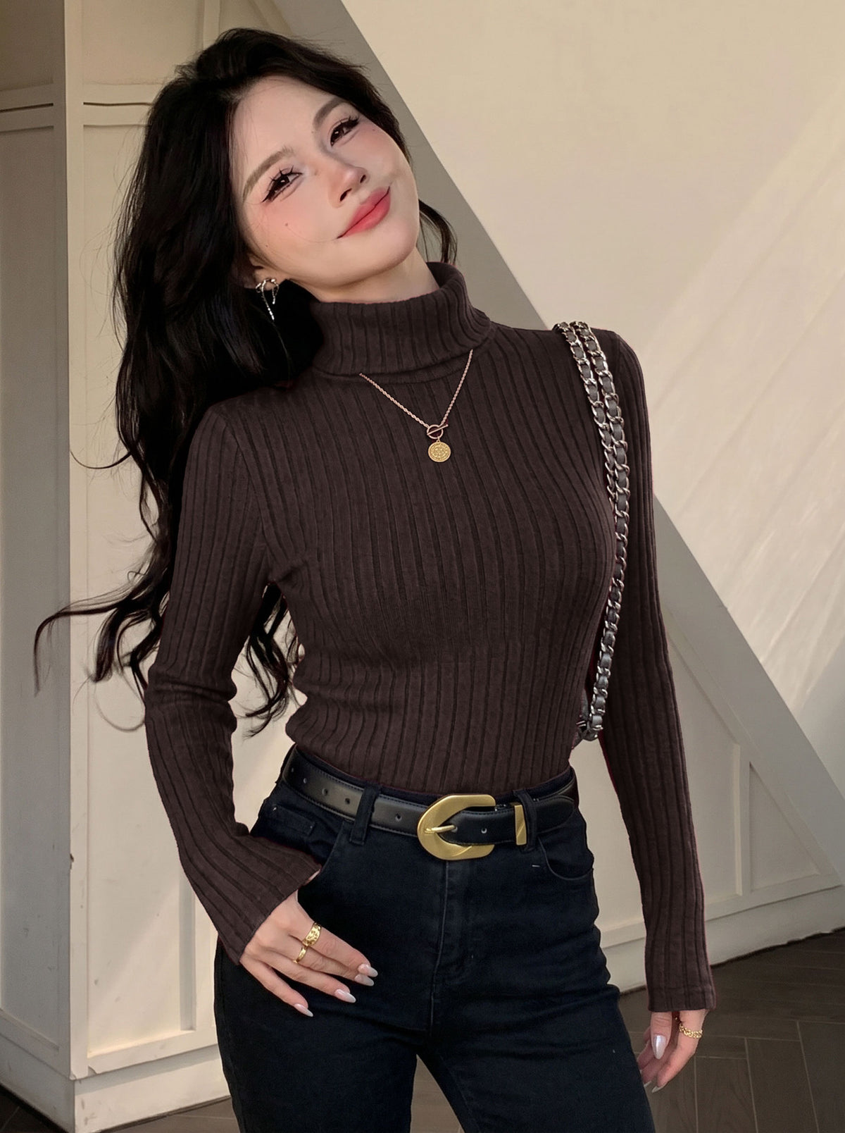 Women's Ribbed Turtleneck Long Sleeve Fitted Top