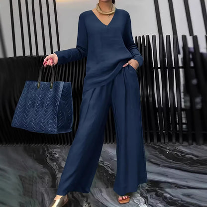 Women's Casual V-Neck Wide Leg Pants 2 Piece Matching Set