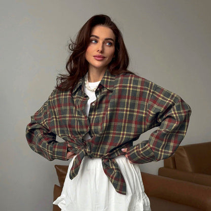 Women's Oversized Vintage Plaid Button Down Shirt