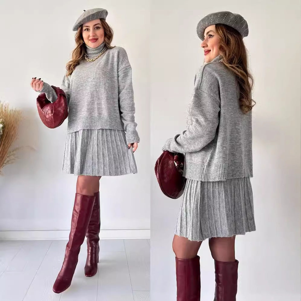 Oversized Turtleneck Sweater Skirt Two Piece Set