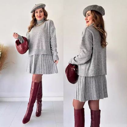 Oversized Turtleneck Sweater Skirt Two Piece Set