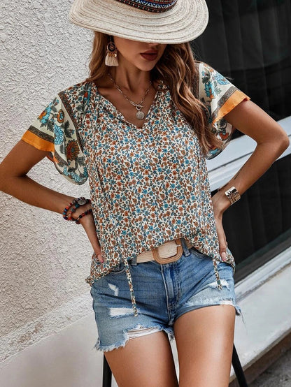 Short-Sleeve Top V-Neck Printed Celebrity Style Casual Loose Shirt